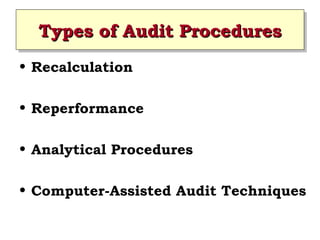Types of Audit Procedures
Types of Audit Procedures
• Recalculation
• Reperformance
• Analytical Procedures
• Computer-Assisted Audit Techniques

 