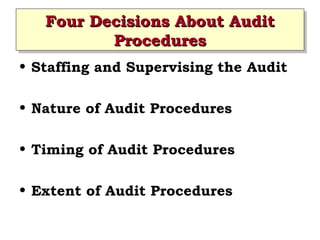 Four Decisions About Audit
Four Decisions About Audit
Procedures
Procedures
• Staffing and Supervising the Audit
• Nature of Audit Procedures
• Timing of Audit Procedures
• Extent of Audit Procedures

 