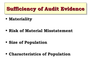 Sufficiency of Audit Evidence
Sufficiency of Audit Evidence
• Materiality
• Risk of Material Misstatement
• Size of Population
• Characteristics of Population

 
