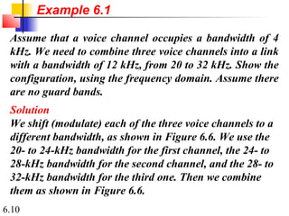 Assume that a voice channel occupies a bandwidth of 4 
kHz. We need to combine three voice channels into a link 
with a bandwidth of 12 kHz, from 20 to 32 kHz. Show the 
configuration, using the frequency domain. Assume there 
are no guard bands. 
Solution 
We shift (modulate) each of the three voice channels to a 
different bandwidth, as shown in Figure 6.6. We use the 
20- to 24-kHz bandwidth for the first channel, the 24- to 
28-kHz bandwidth for the second channel, and the 28- to 
32-kHz bandwidth for the third one. Then we combine 
them as shown in Figure 6.6. 
6.10 
Example 6.1 
 