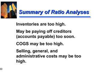 60
Summary of Ratio AnalysesSummary of Ratio Analyses
Inventories are too high.
May be paying off creditors
(accounts payable) too soon.
COGS may be too high.
Selling, general, and
administrative costs may be too
high.
 