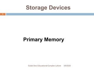 Storage Devices
Primary Memory
3/9/2020Gulab Devi Educational Complex Lahore
5
 
