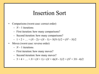Insertion Sort
• Comparisons (worst case: correct order)
– N – 1 iterations
– First iteration: how many comparisons?
– Sec...