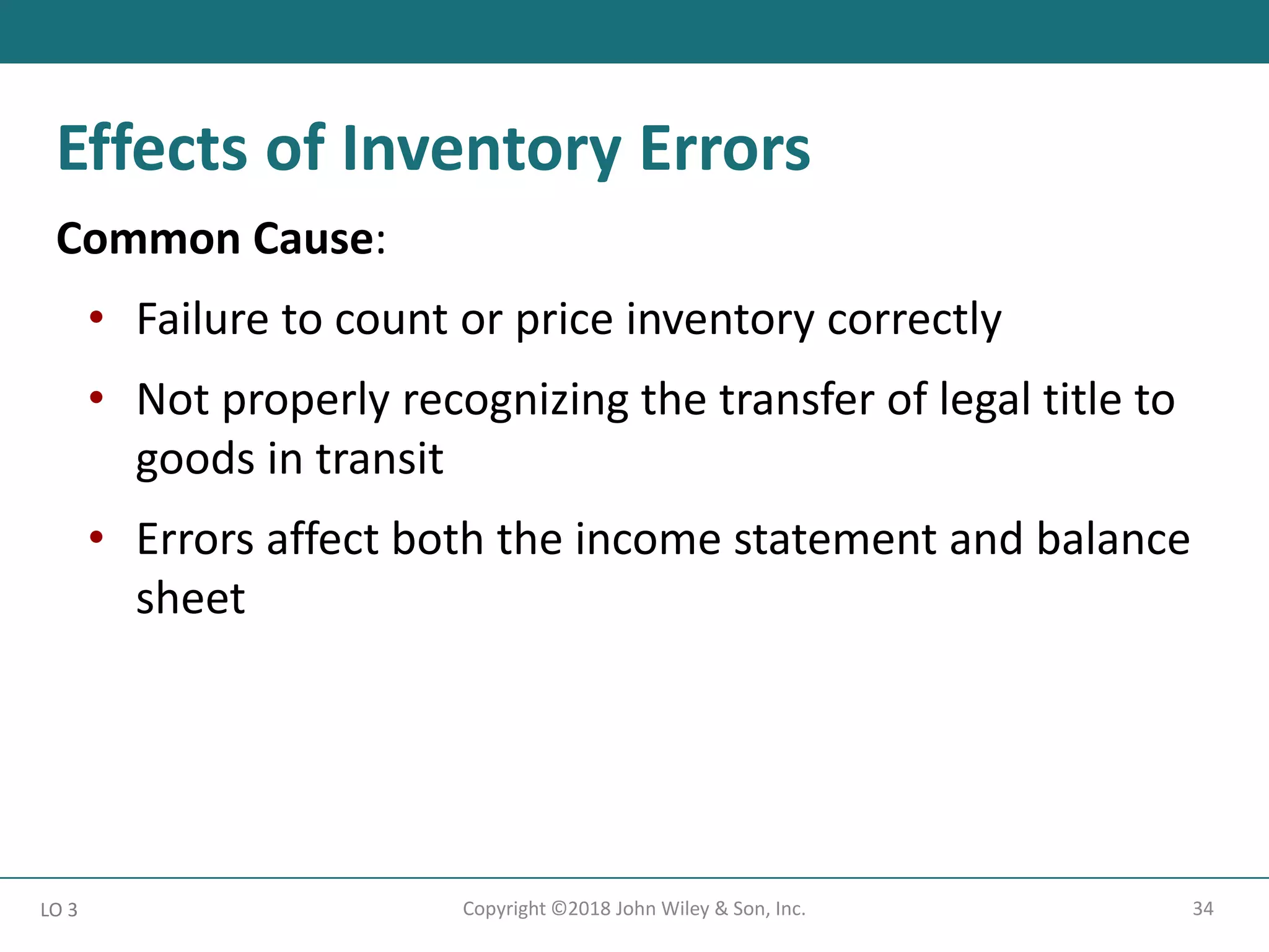 34
Copyright ©2018 John Wiley & Son, Inc.
Common Cause:
• Failure to count or price inventory correctly
• Not properly recognizing the transfer of legal title to
goods in transit
• Errors affect both the income statement and balance
sheet
LO 3
Effects of Inventory Errors
 