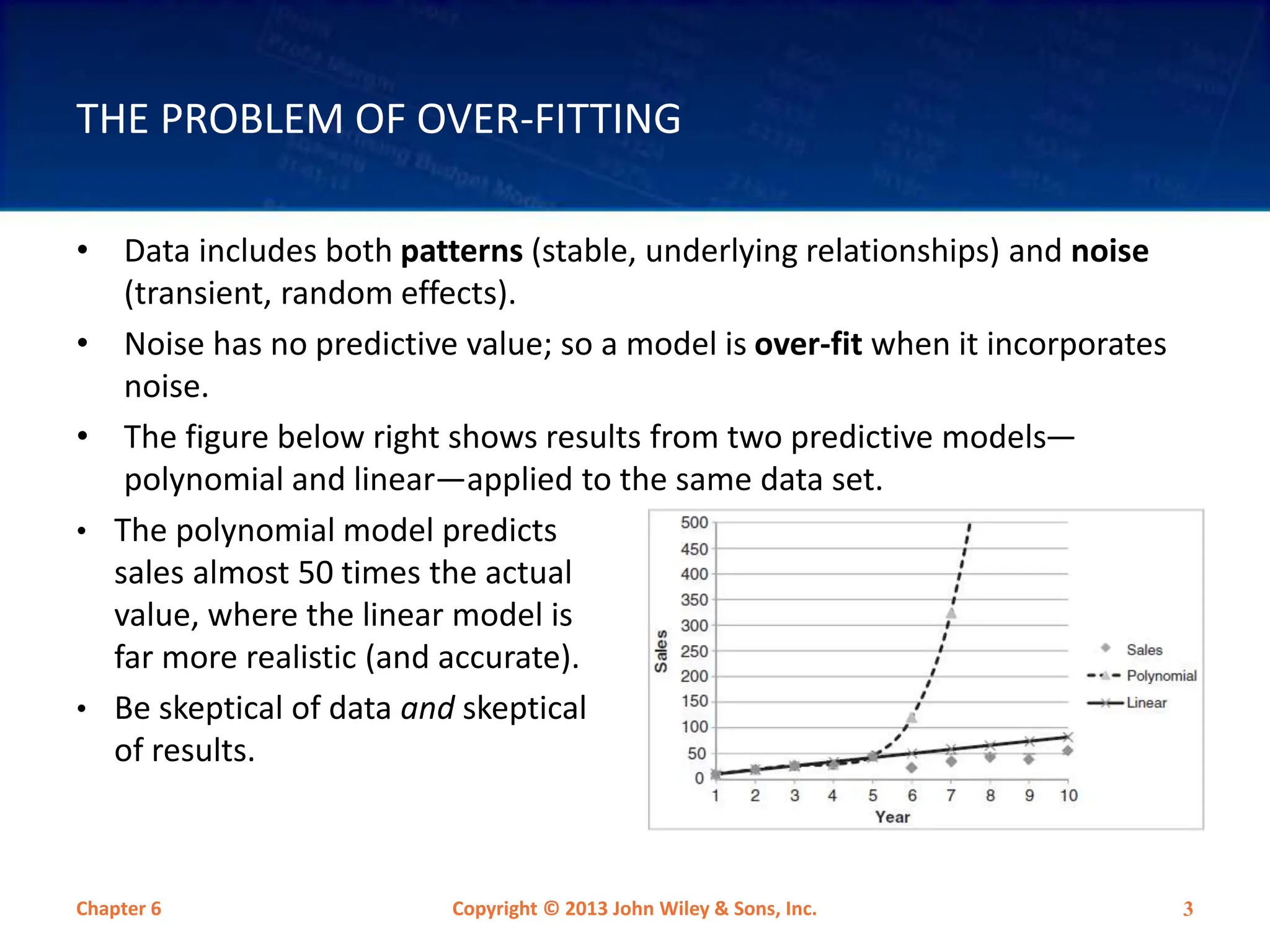 THE PROBLEM OF OVER-FITTING
• Data includes both patterns (stable, underlying relationships) and noise
(transient, random effects).
• Noise has no predictive value; so a model is over-fit when it incorporates
noise.
• The figure below right shows results from two predictive models—
polynomial and linear—applied to the same data set.
Chapter 6 Copyright © 2013 John Wiley & Sons, Inc. 3
• The polynomial model predicts
sales almost 50 times the actual
value, where the linear model is
far more realistic (and accurate).
• Be skeptical of data and skeptical
of results.
 