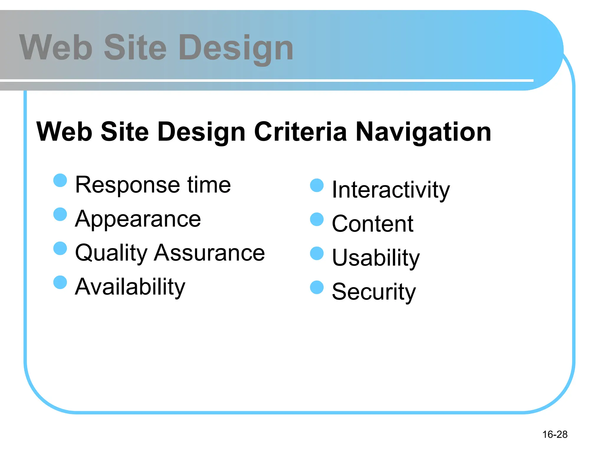 16-28
Web Site Design
Response time
Appearance
Quality Assurance
Availability
Interactivity
Content
Usability
Security
Web Site Design Criteria Navigation
 