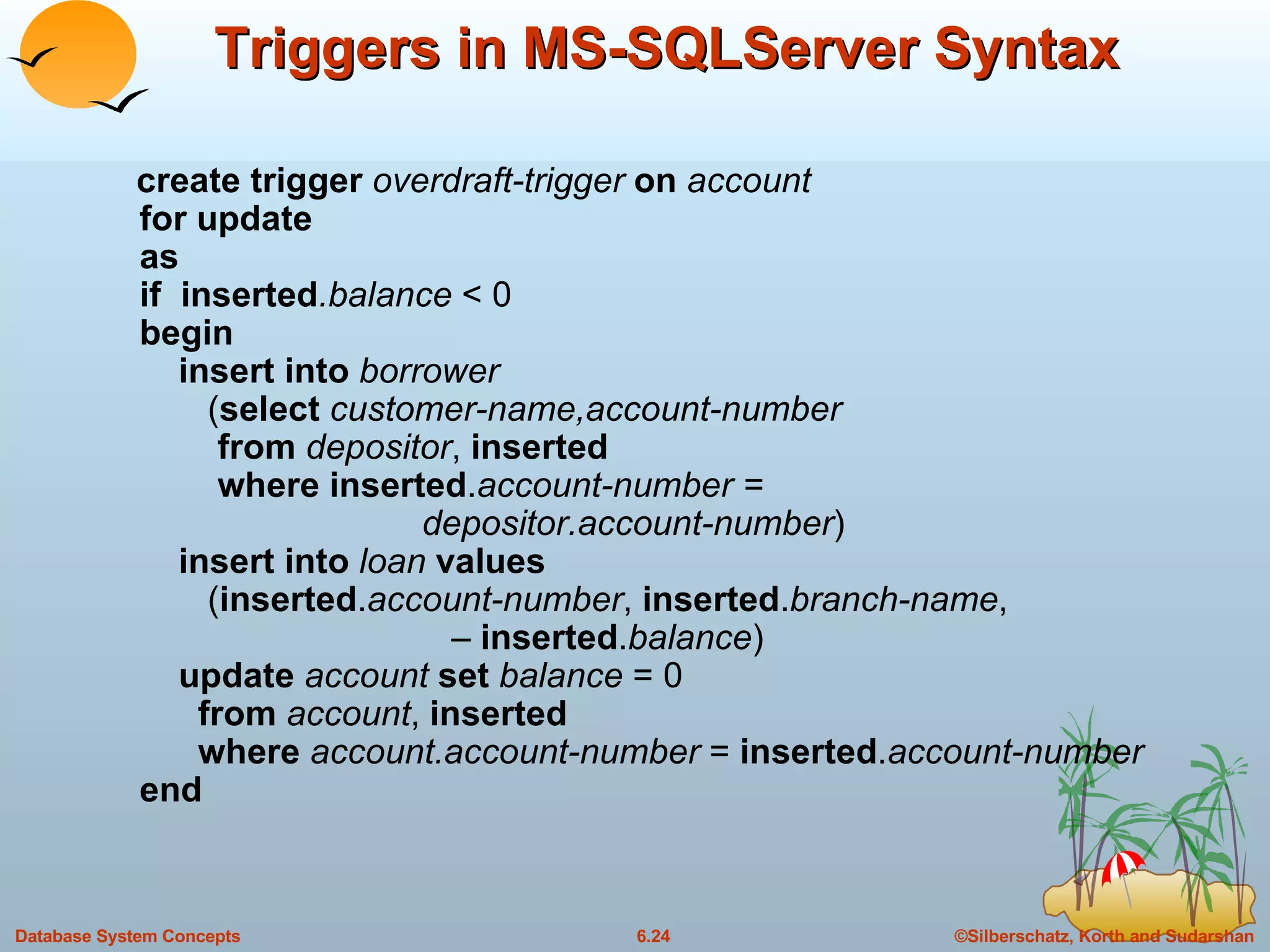 Triggers in MS-SQLServer Syntax create trigger  overdraft-trigger  on   account for update as  if  inserted .balance  < 0 begin   insert into  borrower   ( select  customer-name,account-number   from  depositor ,  inserted   where inserted . account-number =    depositor.account-number )   insert into  loan  values   ( inserted . account-number ,  inserted . branch-name ,   –  inserted . balance )   update  account  set  balance  = 0   from  account ,  inserted   where  account.account-number  =  inserted . account-number end 