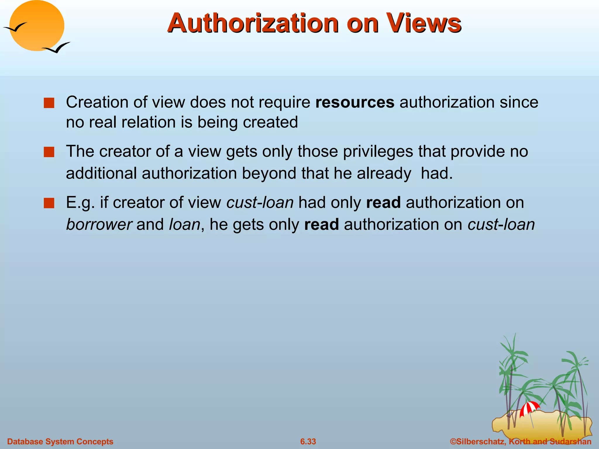 Authorization on Views Creation of view does not require  resources  authorization since no real relation is being created The creator of a view gets only those privileges that provide no additional authorization beyond that he already  had. E.g. if creator of view  cust-loan  had only  read  authorization on  borrower  and  loan , he gets only  read  authorization on  cust - loan 