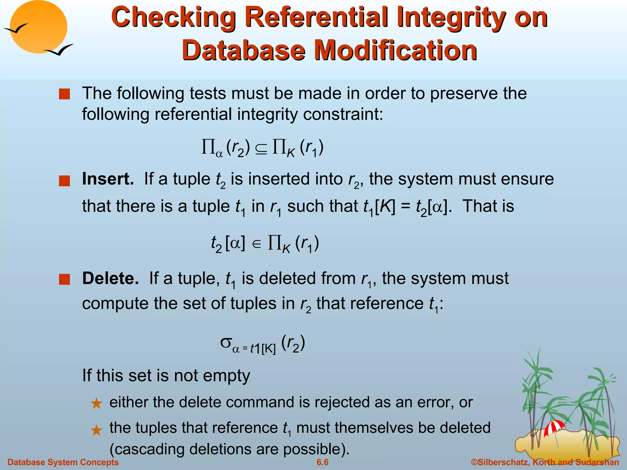Checking Referential Integrity on Database Modification The following tests must be made in order to preserve the following referential integrity constraint:     ( r 2 )      K  ( r 1 ) Insert.   If a tuple  t 2  is inserted into  r 2 , the system must ensure that there is a tuple  t 1  in  r 1  such that  t 1 [ K ] =  t 2 [  ].  That is    t 2   [  ]      K  ( r 1 ) Delete.   If a tuple,  t 1  is deleted from  r 1 , the system must compute the set of tuples in  r 2  that reference  t 1 :     =  t 1 [K]  ( r 2 ) If this set is not empty either the delete command is rejected as an error, or  the tuples that reference  t 1  must themselves be deleted (cascading deletions are possible).  