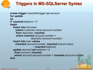 Triggers in MS-SQLServer Syntax create trigger  overdraft-trigger  on   account for update as  if  inserted .balance  < 0 begin   insert into  borrower   ( select  customer-name,account-number   from  depositor ,  inserted   where inserted . account-number =    depositor.account-number )   insert into  loan  values   ( inserted . account-number ,  inserted . branch-name ,   –  inserted . balance )   update  account  set  balance  = 0   from  account ,  inserted   where  account.account-number  =  inserted . account-number end 