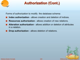 Authorization (Cont.) Forms of authorization to modify  the database schema: Index authorization  - allows creation and deletion of indices. Resources   authorization  - allows creation of new relations. Alteration   authorization  - allows addition or deletion of attributes in a relation. Drop   authorization  - allows deletion of relations. 