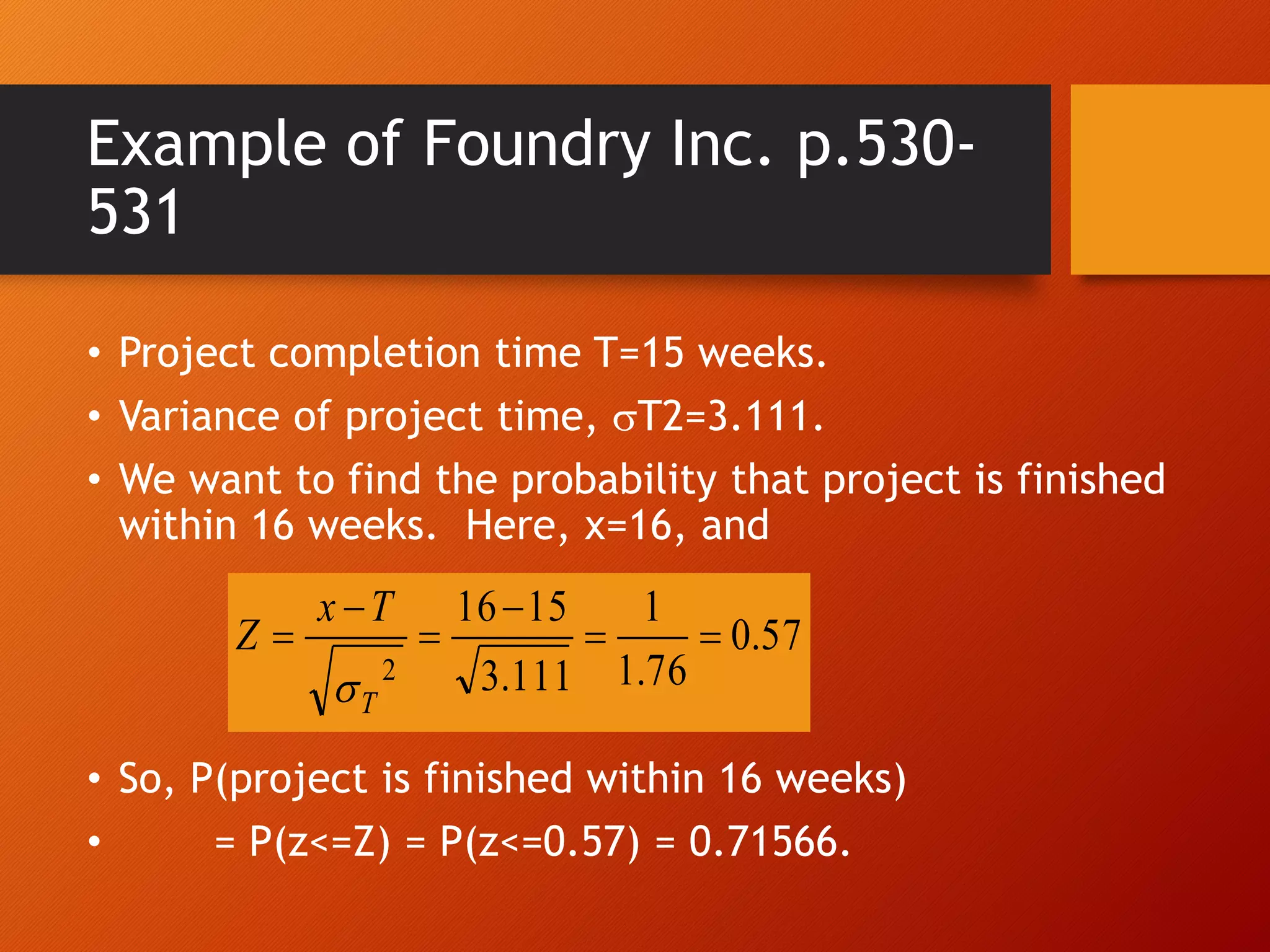 Example of Foundry Inc. p.530-
531
• Project completion time T=15 weeks.
• Variance of project time, T2=3.111.
• We want to find the probability that project is finished
within 16 weeks. Here, x=16, and
• So, P(project is finished within 16 weeks)
• = P(z<=Z) = P(z<=0.57) = 0.71566.
57
.
0
76
.
1
1
111
.
3
15
16
2






T
T
x
Z

 