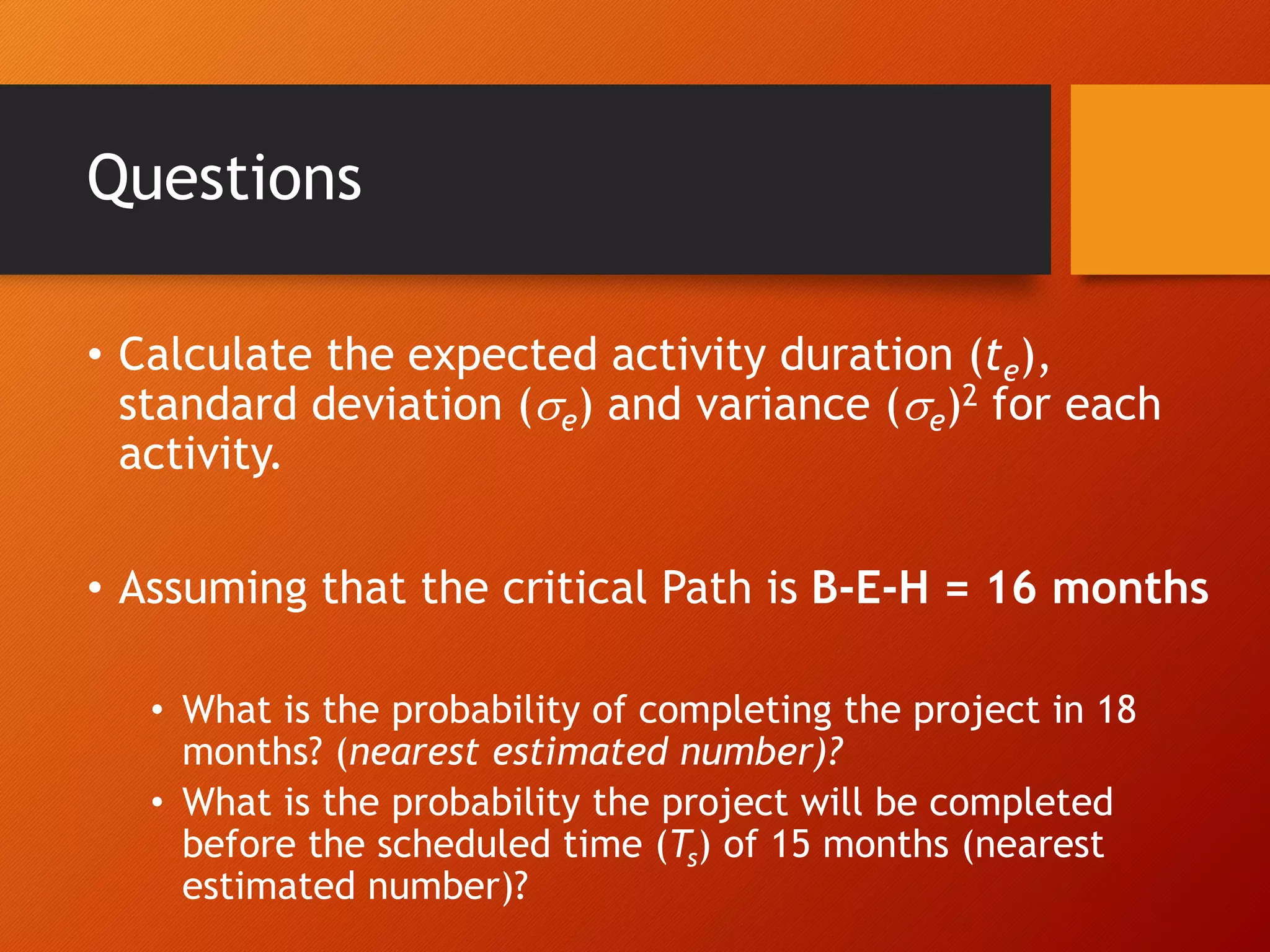 Questions
• Calculate the expected activity duration (te),
standard deviation (e) and variance (e)2 for each
activity.
• Assuming that the critical Path is B-E-H = 16 months
• What is the probability of completing the project in 18
months? (nearest estimated number)?
• What is the probability the project will be completed
before the scheduled time (Ts) of 15 months (nearest
estimated number)?
 