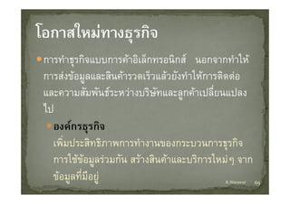 การทํําธุรกิจแบบการคาอิิเล็็กทรอนิิกส นอกจากทํําใ 
               ิ                                  ให
การสงขอมูลและสนคารวดเรวแลวยงทาใหการตดตอ
การสงขอมลและสินคารวดเร็วแลวยังทําใหการติดตอ
และความสัมพันธระหวางบริษทและลูกคาเปลี่ยนแปลง
                               ั
ไป
  องคกรธุรกจ
  องคกรธรกิจ
  เพิ่มประสิทธิภาพการทํางานของกระบวนการธุรกิจ  ุ
  การใชขอมูลรวมกัน สรางสินคาและบริการใหมๆ จาก
             
  ขอมูลทีมอยู
          ่ี ี                                        65
                                               K.Warawut
 