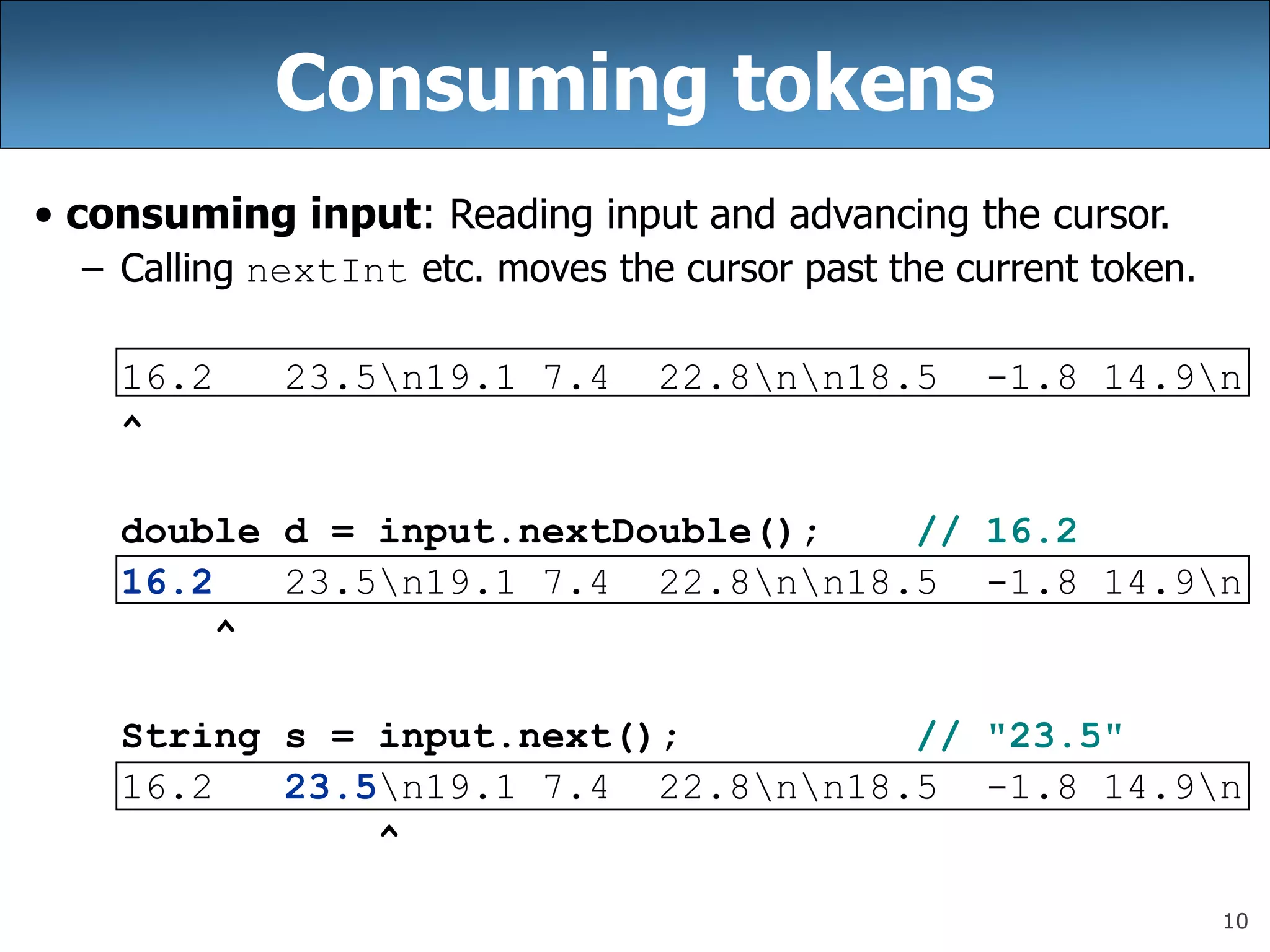 10
Consuming tokens
• consuming input: Reading input and advancing the cursor.
– Calling nextInt etc. moves the cursor past the current token.
16.2 23.5n19.1 7.4 22.8nn18.5 -1.8 14.9n
^
double d = input.nextDouble(); // 16.2
16.2 23.5n19.1 7.4 22.8nn18.5 -1.8 14.9n
^
String s = input.next(); // &quot;23.5&quot;
16.2 23.5n19.1 7.4 22.8nn18.5 -1.8 14.9n
^
 