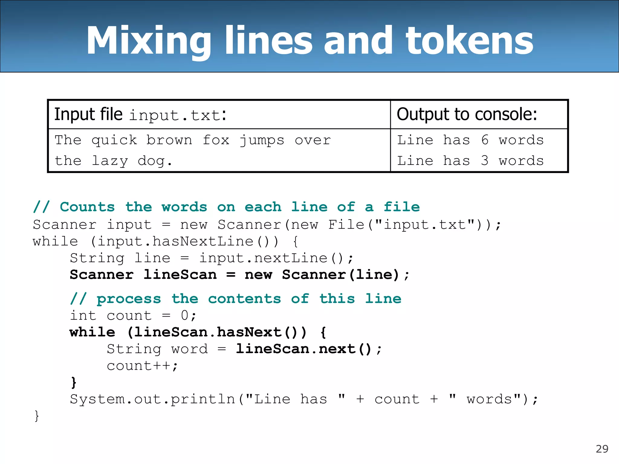 29
Mixing lines and tokens
// Counts the words on each line of a file
Scanner input = new Scanner(new File(&quot;input.txt&quot;));
while (input.hasNextLine()) {
String line = input.nextLine();
Scanner lineScan = new Scanner(line);
// process the contents of this line
int count = 0;
while (lineScan.hasNext()) {
String word = lineScan.next();
count++;
}
System.out.println(&quot;Line has &quot; + count + &quot; words&quot;);
}
Input file input.txt: Output to console:
The quick brown fox jumps over
the lazy dog.
Line has 6 words
Line has 3 words
 
