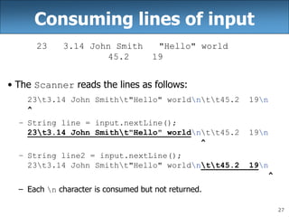 27
Consuming lines of input
23 3.14 John Smith "Hello" world
45.2 19
• The Scanner reads the lines as follows:
23t3.14 John Smitht"Hello" worldntt45.2 19n
^
– String line = input.nextLine();
23t3.14 John Smitht"Hello" worldntt45.2 19n
^
– String line2 = input.nextLine();
23t3.14 John Smitht"Hello" worldntt45.2 19n
^
– Each n character is consumed but not returned.
 