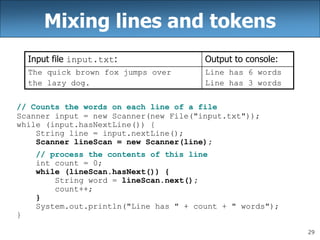 29
Mixing lines and tokens
// Counts the words on each line of a file
Scanner input = new Scanner(new File("input.txt"));
while (input.hasNextLine()) {
String line = input.nextLine();
Scanner lineScan = new Scanner(line);
// process the contents of this line
int count = 0;
while (lineScan.hasNext()) {
String word = lineScan.next();
count++;
}
System.out.println("Line has " + count + " words");
}
Input file input.txt: Output to console:
The quick brown fox jumps over
the lazy dog.
Line has 6 words
Line has 3 words
 