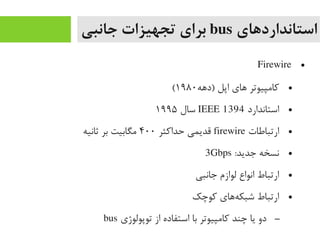 ‫استانداردهای‬bus‫جانبی‬ ‫تجهیزات‬ ‫برای‬
●Firewire
●‫)دهه‬ ‫اپل‬ ‫های‬ ‫رکایمپیوتر‬۱۹۸۰(
●‫استاندارد‬IEEE 1394‫سال‬۱۹۹۵
●‫ارتباطات‬firewire‫حدارکثر‬ ‫قدیمی‬۴۰۰‫ثانیه‬ ‫بر‬ ‫یمگابیت‬
●:‫جدید‬ ‫نسخه‬3Gbps
●‫جانبی‬ ‫لوازم‬ ‫انواع‬ ‫ارتباط‬
●‫رکوچک‬ ‫ههای‬‌‫ا‬ ‫شبک‬ ‫ارتباط‬
–‫توپولوژی‬ ‫از‬ ‫استفاده‬ ‫با‬ ‫رکایمپیوتر‬ ‫چند‬ ‫یا‬ ‫دو‬bus
 