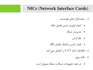 NICs (Network Interface Cards)
●‫هوشمند‬ ‫های‬ ‫تافزار‬‌‫ا‬ ‫سخ‬
●‫)فصل‬ ‫بندی‬ ‫اولویت‬ ‫انجام‬6a(
●‫شبکه‬ ‫یمدیریت‬
●‫بافررکردن‬
●‫)فصل‬ ‫ترافیک‬ ‫رکردن‬ ‫فیلتر‬6b(
●‫لیه‬ ‫اطلعات‬۳‫تا‬۷‫یرکند‬‌‫ا‬ ‫نم‬ ‫تحلیل‬ ‫را‬
●‫یمهم‬ ‫نکته‬
●‫است‬ ‫یمعمول‬ ‫شبکه‬ ‫و‬ ‫شبکه‬ ‫تجهیزات‬ ‫همه‬ ‫در‬
 