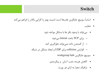 Switch
●‫یرکند‬‌‫ا‬ ‫یم‬ ‫فراهم‬ ‫را‬ ‫بالتر‬ ‫رکارایی‬ ‫با‬ ‫بهتر‬ ‫ایمنیت‬ ،‫است‬ ‫بها‬‌‫ا‬ ‫ها‬ ‫جایگزین‬ ‫سوییچ‬ ‫ا‬ً ‫اساس‬
●‫یمعایب‬
●‫شود‬ ‫یمواجه‬ ‫یمشکل‬ ‫با‬ ‫ها‬ ‫بافر‬ ‫وجود‬ ‫با‬ ‫یتواند‬‌‫ا‬ ‫یم‬
–‫برای‬TCP‫باعث‬timout‫یشود‬‌‫ا‬ ‫یم‬
–‫رکند‬ ‫جلوگیری‬ ‫یتواند‬‌‫ا‬ ‫نم‬ ‫داده‬ ‫گمشدن‬ ‫از‬
–‫افزایش‬collision‫برای‬UDP‫شبکه‬ ‫در‬ ‫یمشکل‬ ‫ایجاد‬ ‫و‬
●‫جایگزین‬ ‫سوییچ‬workgroup hub
●‫پیکربندی‬ ‫و‬ ‫آسان‬ ‫نصب‬ ،‫هزینه‬ ‫رکاهش‬
●‫پورت‬ ‫هر‬ ‫ازای‬ ‫به‬ ‫یمجزا‬ ‫ترافیگ‬
 