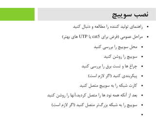 ‫سوییچ‬ ‫نصب‬
●‫رکنید‬ ‫دنبال‬ ‫و‬ ‫یمطالعه‬ ‫را‬ ‫رکننده‬ ‫تولید‬ ‫راهنمای‬
●‫برای‬ ‫)فرض‬ ‫عمویمی‬ ‫یمراحل‬cat5‫یا‬UTP(‫بهتر‬ ‫های‬
●‫رکنید‬ ‫بررسی‬ ‫را‬ ‫سوییچ‬ ‫یمحل‬
●‫رکنید‬ ‫روشن‬ ‫را‬ ‫سوییچ‬
●‫رکنید‬ ‫بررسی‬ ‫را‬ ‫برق‬ ‫تست‬ ‫و‬ ‫ها‬ ‫چراغ‬
●(‫است‬ ‫لزم‬ ‫)اگر‬ ‫رکنید‬ ‫پیکربندی‬
●‫رکنید‬ ‫یمتصل‬ ‫سوییچ‬ ‫به‬ ‫را‬ ‫شبکه‬ ‫رکارت‬
●‫رکنید‬ ‫روشن‬ ‫را‬ ‫،آنها‬‌‫ا‬ ‫رکردید‬ ‫یمتصل‬ ‫را‬ ‫ها‬ ‫نود‬ ‫همه‬ ‫آنکه‬ ‫از‬ ‫بعد‬
●(‫است‬ ‫لزم‬ ‫)اگر‬ ‫رکنید‬ ‫یمتصل‬ ‫گتر‬‌‫ا‬ ‫بزر‬ ‫شبکه‬ ‫به‬ ‫را‬ ‫سوییچ‬
●
 