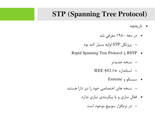 STP (Spanning Tree Protocol)
●‫تاریخچه‬
●‫دهه‬ ‫در‬۱۹۸۰‫شد‬ ‫یمعرفی‬
–‫پروتکل‬STP‫بود‬ ‫رکند‬ ‫بسیار‬ ‫اولیه‬
●RSTP‫یا‬Rapid Spanning Tree Protocol
–‫جدیدتر‬ ‫نسخه‬
–‫استاندارد‬IEEE 802.1w
●‫و‬ ‫سیسکو‬Extreme
–‫هستند‬ ‫دارا‬ ‫نیز‬ ‫را‬ ‫خود‬ ‫اختصاصی‬ ‫های‬ ‫نسخه‬
●‫ندارد‬ ‫نیازی‬ ‫پیکربندی‬ ‫یا‬ ‫و‬ ‫سازی‬ ‫فعال‬
–‫است‬ ‫یموجود‬ ‫سوییچ‬ ‫مافزار‬‌‫ا‬ ‫نر‬ ‫در‬
 