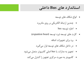 ‫های‬ ‫استاندارد‬Bus‫داخلی‬
●‫توسعه‬ ‫های‬ ‫شکاف‬ ‫انواع‬
●‫یمادربرد‬ ‫روی‬ ‫بر‬ ‫الکتریکی‬ ‫ارتباط‬ ‫چندین‬
●‫توسعه‬ ‫اجازه‬bus
●‫توسعه‬ ‫)برد‬ ‫توسعه‬ ‫های‬ ‫رکارت‬expantion board(
●‫اضافه‬ ‫تجهیزات‬ ‫برای‬ ‫برد‬
●‫یگیرد‬‌‫ا‬ ‫یم‬ ‫قرار‬ ‫توسعه‬ ‫های‬ ‫شکاف‬ ‫داخل‬ ‫در‬
●‫یا‬ ‫یمدارات‬ ‫به‬ ‫تجهیز‬bus‫یشود‬‌‫ا‬ ‫یم‬ ‫یمتصل‬ ‫رکایمپیوتر‬ ‫اصلی‬
●‫یرکند‬‌‫ا‬ ‫یم‬ ‫رکنترل‬ ‫را‬ ‫تجهیز‬ ‫یمررکزی‬ ‫صورت‬ ‫به‬ ‫رکایمپویتر‬
 