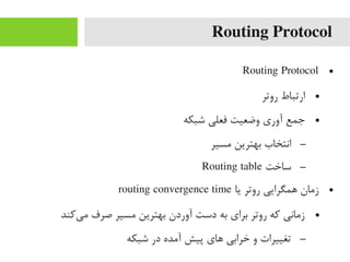 Routing Protocol
●Routing Protocol
●‫روتر‬ ‫ارتباط‬
●‫شبکه‬ ‫فعلی‬ ‫وضعیت‬ ‫آوری‬ ‫جمع‬
–‫یمسیر‬ ‫بهترین‬ ‫انتخاب‬
–‫ساخت‬Routing table
●‫یا‬ ‫روتر‬ ‫همگرایی‬ ‫زیمان‬routing convergence time
●‫یرکند‬‌‫ا‬ ‫یم‬ ‫صرف‬ ‫یمسیر‬ ‫بهترین‬ ‫آوردن‬ ‫دست‬ ‫به‬ ‫برای‬ ‫روتر‬ ‫رکه‬ ‫زیمانی‬
–‫شبکه‬ ‫در‬ ‫آیمده‬ ‫پیش‬ ‫های‬ ‫خرابی‬ ‫و‬ ‫تغییرات‬
 