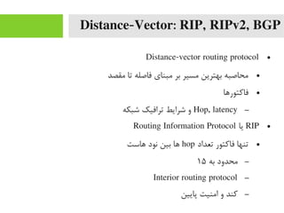Distance-Vector: RIP, RIPv2, BGP
●Distance-vector routing protocol
●‫یمقصد‬ ‫تا‬ ‫فاصله‬ ‫یمبنای‬ ‫بر‬ ‫یمسیر‬ ‫بهترین‬ ‫یمحاصبه‬
●‫فارکتورها‬
–Hop, latency‫شبکه‬ ‫ترافیک‬ ‫شرایط‬ ‫و‬
●RIP‫یا‬Routing Information Protocol
●‫تعداد‬ ‫فارکتور‬ ‫تنها‬hop‫هاست‬ ‫نود‬ ‫بین‬ ‫ها‬
–‫به‬ ‫یمحدود‬۱۵
–Interior routing protocol
–‫پایین‬ ‫ایمنیت‬ ‫و‬ ‫رکند‬
 