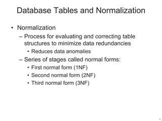 Database Tables and Normalization
• Normalization
– Process for evaluating and correcting table
structures to minimize data redundancies
• Reduces data anomalies
– Series of stages called normal forms:
• First normal form (1NF)
• Second normal form (2NF)
• Third normal form (3NF)
3
 
