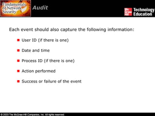Audit



Each event should also capture the following information:

     User ID (if there is one)

     Date and time

     Process ID (if there is one)

     Action performed

     Success or failure of the event
 