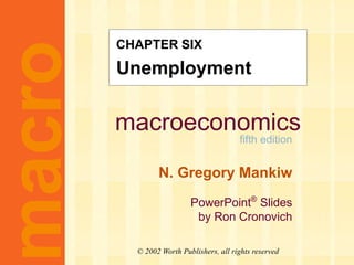 macroeconomics
fifth edition
N. Gregory Mankiw
PowerPoint®
Slides
by Ron Cronovich
macro
© 2002 Worth Publishers, all rights reserved
CHAPTER SIX
Unemployment
 