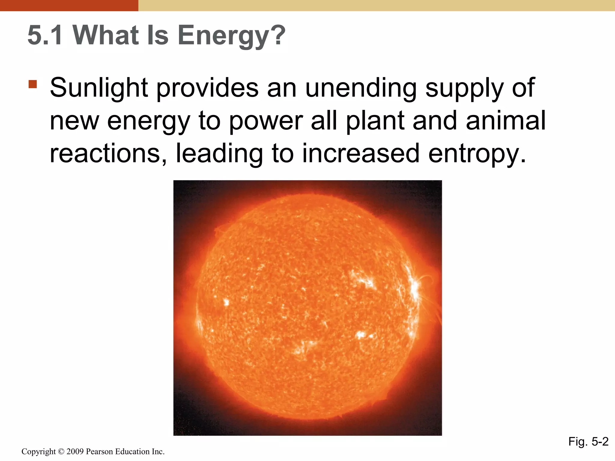 5.1 What Is Energy?
 Sunlight provides an unending supply of
new energy to power all plant and animal
reactions, leading to increased entropy.

Copyright © 2009 Pearson Education Inc.

Fig. 5-2

 