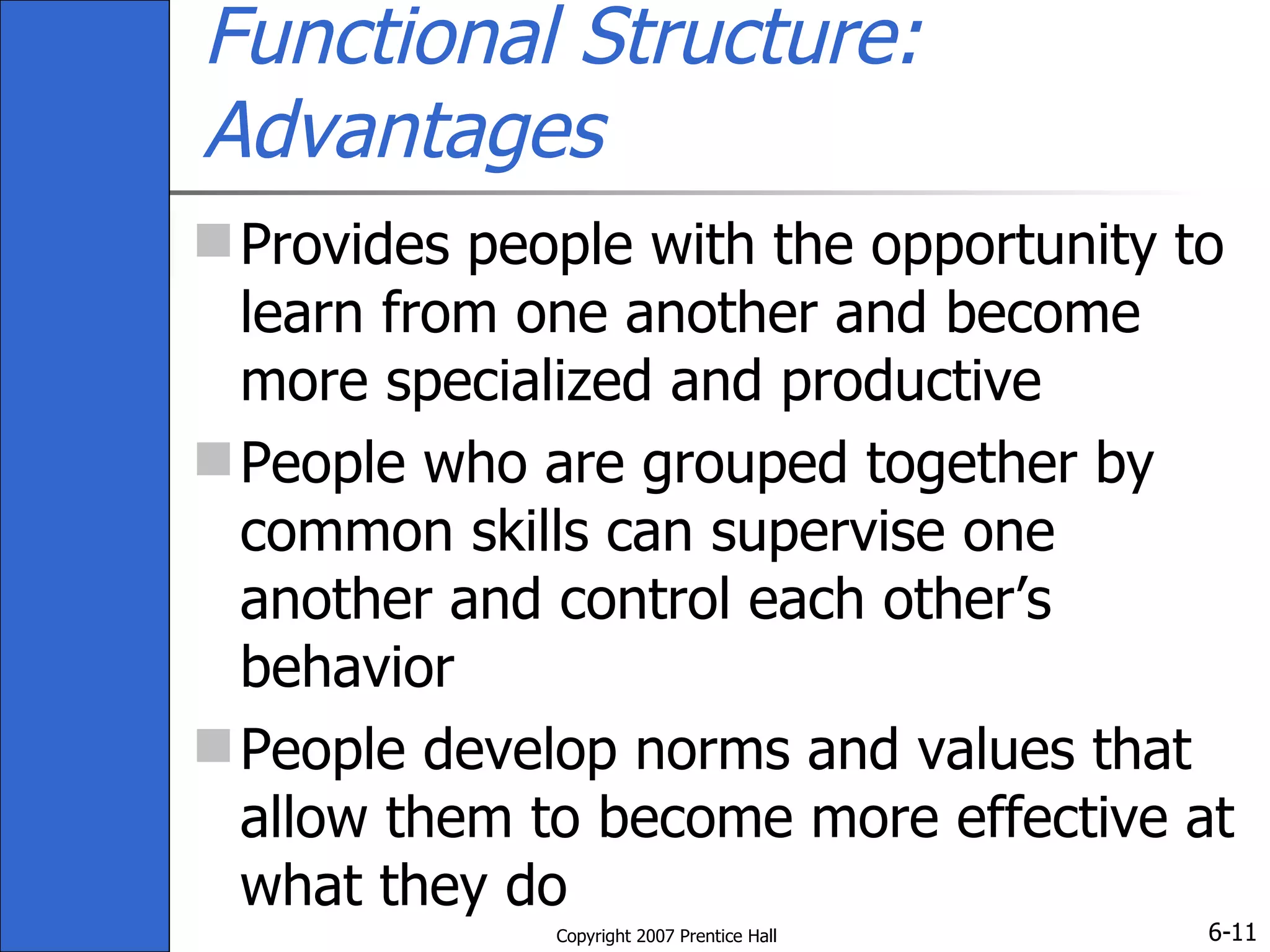 Functional Structure: Advantages Provides people with the opportunity to learn from one another and become more specialized and productive People who are grouped together by common skills can supervise one another and control each other’s behavior People develop norms and values that allow them to become more effective at what they do 