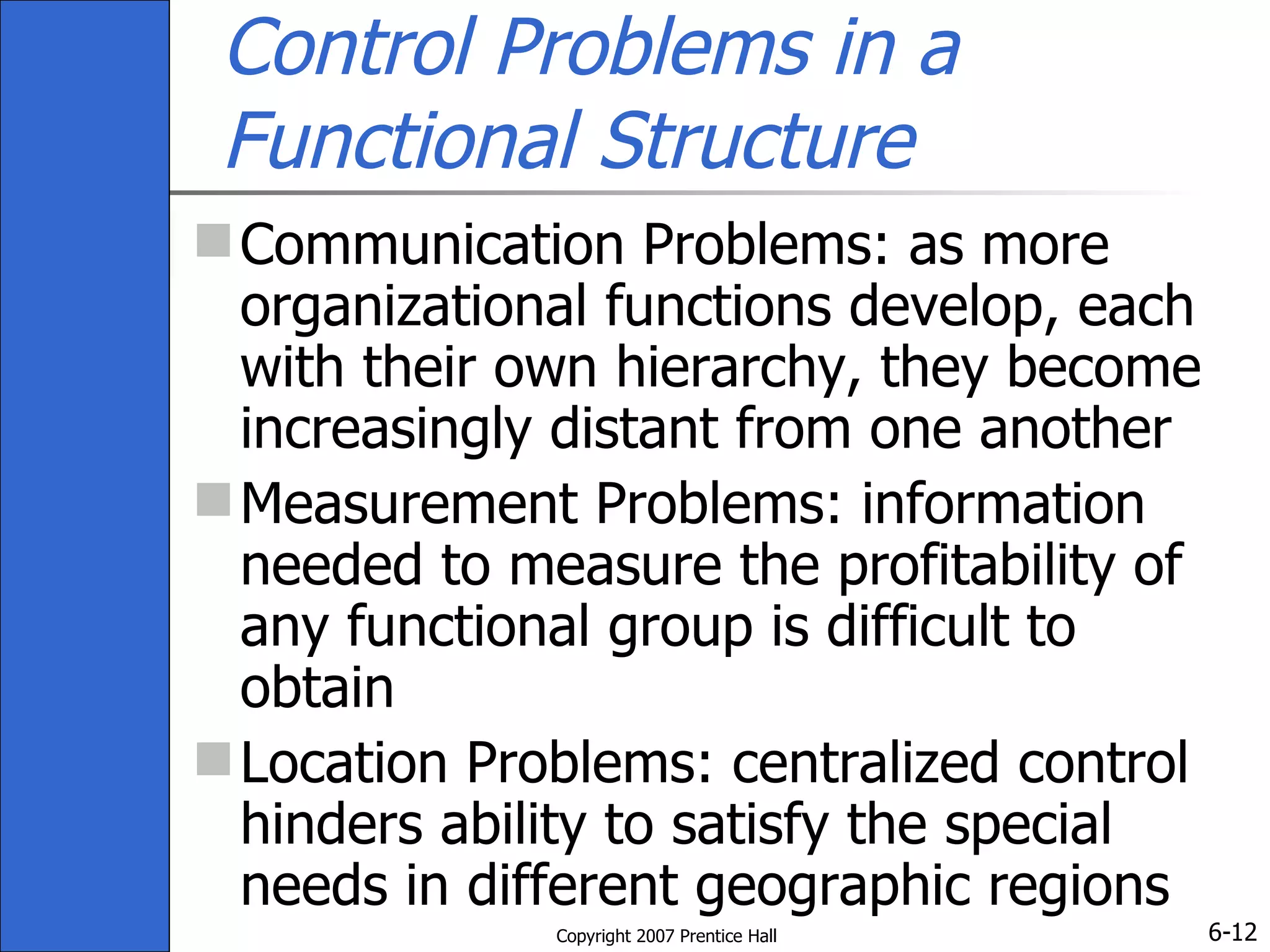 Control Problems in a Functional Structure Communication Problems: as more organizational functions develop, each with their own hierarchy, they become increasingly distant from one another Measurement Problems: information needed to measure the profitability of any functional group is difficult to obtain Location Problems: centralized control hinders ability to satisfy the special needs in different geographic regions 