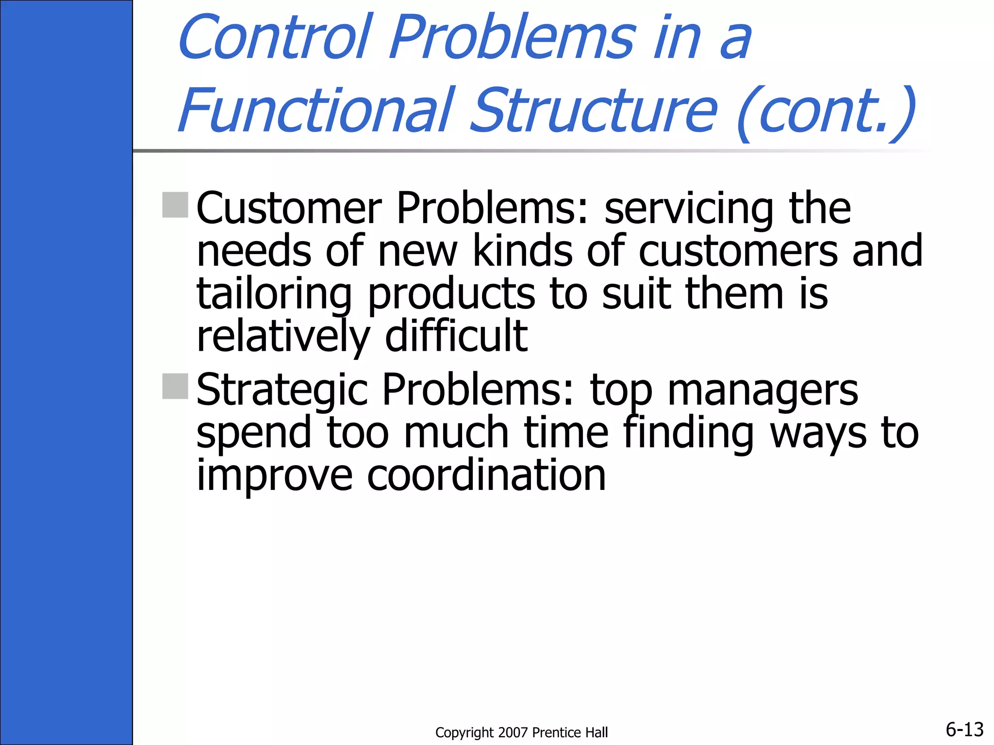 Control Problems in a Functional Structure (cont.) Customer Problems: servicing the needs of new kinds of customers and tailoring products to suit them is relatively difficult  Strategic Problems: top managers spend too much time finding ways to improve coordination 