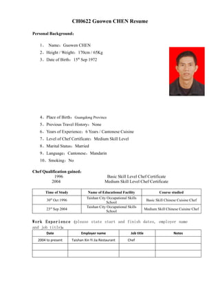 CH0622 Guowen CHEN Resume

Personal Background：

   1。 Name：Guowen CHEN
   2。Height / Weight：170cm / 65Kg
   3。Date of Birth：15th Sep 1972




   4。Place of Birth：Guangdong Province
   5。Previous Travel History：None
   6。Years of Experience：6 Years / Cantonese Cuisine
   7。Level of Chef Certificate：Medium Skill Level
   8。Marital Status：Married
   9。Language：Cantonese，Mandarin
   10。Smoking：No

Chef Qualification gained：
           1996                               Basic Skill Level Chef Certificate
         2004                                Medium Skill Level Chef Certificate

      Time of Study              Name of Educational Facility                    Course studied
                                Taishan City Occupational Skills
       30th Oct 1996                                                     Basic Skill Chinese Cuisine Chef
                                             School
                                Taishan City Occupational Skills
       23rd Sep 2004                                                    Medium Skill Chinese Cuisine Chef
                                             School

Work Experience (please state start and finish dates, employer name
and job title)：
       Date                  Employer name                  Job title                     Notes
  2004 to present      Taishan Xin Yi Jia Restaurant      Chef
 