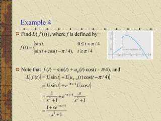 Example 4
Find L{ f (t)}, where f is defined by
Note that f (t) = sin(t) + uπ/4(t) cos(t - π/4), and



≥−+
<≤
=
4/),4/cos(sin
4/0,sin
)(
ππ
π
ttt
tt
tf
{ } { } { }
{ } { }
1
1
11
1
cossin
)4/cos()(sin)(
2
4/
2
4/
2
4/
4/
+
+
=
+
+
+
=
+=
−+=
−
−
−
s
se
s
s
e
s
tLetL
ttuLtLtfL
s
s
s
π
π
π
π π
 