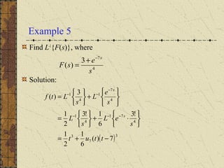 Example 5
Find L-1
{F(s)}, where
Solution:
4
7
3
)(
s
e
sF
s−
+
=
( )3
7
3
4
71
4
1
4
7
1
4
1
7)(
6
1
2
1
!3
6
1!3
2
1
3
)(
−+=






⋅+






=






+






=
−−−
−
−−
ttut
s
eL
s
L
s
e
L
s
Ltf
s
s
 