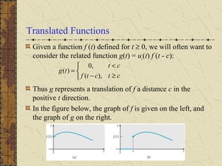 Translated Functions
Given a function f (t) defined for t ≥ 0, we will often want to
consider the related function g(t) = uc(t) f (t - c):
Thus g represents a translation of f a distance c in the
positive t direction.
In the figure below, the graph of f is given on the left, and
the graph of g on the right.



≥−
<
=
ctctf
ct
tg
),(
,0
)(
 