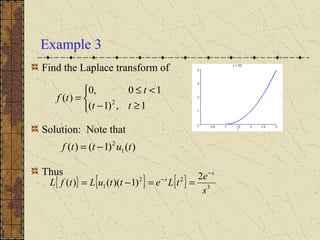 Example 3
Find the Laplace transform of
Solution: Note that
Thus
)()1()( 1
2
tuttf −=



≥−
<≤
=
1,)1(
10,0
)( 2
tt
t
tf
{ } { } { } 3
22
1
2
)1)(()(
s
e
tLettuLtfL
s
s
−
−
==−=
 