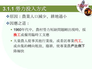 3.1.1 勞力投入方式
原因：農業人口減尐、耕地過小
因應之道：
   1960年代中，農村勞力短缺問題剛出現時，採
    換工或僱用臨時工支應
   大量農人從事其他行業後，或委託專業代工，
    或由集約轉向粗放、廢耕，使專業農戶比例下
    降極快
 
