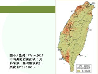 圖 6-5 臺灣 1976 ∼ 2005
年消失的稻田面積（資
料來源：臺灣糧食統計
要覽 1976 / 2005）
 