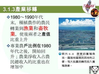 3.1.3產業移轉
1980～1990年代
 末，種植農作的農民
 轉業到漁業和畜牧
 業，使後兩者之產值
 比重上升
專業農戶比例在1980
 年代之後，開始回
 升；農業淨收入占農
 民總收入的比重也在
 增加中
 