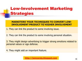 Low-Involvement Marketing
    Strategies
     MARKETERS’ FOUR TECHNIQUES TO CONVERT LOW-
     INVOLVEMENT PRODUCT TO HIGHER INVOLVEMENT
1. They can link the product to some involving issue.

2. They can link the product to some involving personal situation.

3. They might design advertising to trigger strong emotions related to
personal values or ego defense.

4. They might add an important feature.


                  http://jemcaraig.blogspot.com                      40
 