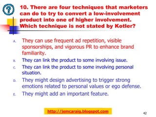 10. There are four techniques that marketers
     can do to try to convert a low-involvement
     product into one of higher involvement.
     Which technique is not stated by Kotler?

A.   They can use frequent ad repetition, visible
     sponsorships, and vigorous PR to enhance brand
     familiarity.
B.   They can link the product to some involving issue.
C.   They can link the product to some involving personal
     situation.
D.   They might design advertising to trigger strong
     emotions related to personal values or ego defense.
E.   They might add an important feature.


                http://jemcaraig.blogspot.com               42
 