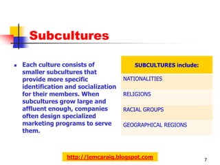 Subcultures

   Each culture consists of              SUBCULTURES include:
    smaller subcultures that
    provide more specific              NATIONALITIES
    identification and socialization
    for their members. When            RELIGIONS
    subcultures grow large and
    affluent enough, companies         RACIAL GROUPS
    often design specialized
    marketing programs to serve        GEOGRAPHICAL REGIONS
    them.



                   http://jemcaraig.blogspot.com                 7
 