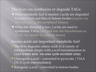    The liver can synthesize or degrade TAGs
     When metabolic fuel is needed, f.acids are degraded
      to acetyl-CoA and then to ketone bodies (export via
      bloodstream to the peripheral tissues)
     When the demand is low, f.acids are used to
      synthesize TAGs (secreted into the bloodstream as
      VLDL for uptake by adipose tissue)
   Amino acids are important metabolic fuel
    The liver degrades amino acids to a variety of
     intermediates (begin with a.acid transamination to
     yield α-keto acid, via urea cycle excreted urea)
    Glucogenic a.acid – converted to pyruvate / OAA
     (TCA cycle intermediates)
    Ketogenic a.acid – converted to ketone bodies
 