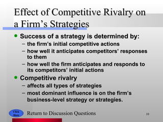 Effect of Competitive Rivalry on a Firm’s Strategies  Success of a strategy is determined by: the firm’s initial competitive actions  how well it anticipates competitors’ responses to them  how well the firm anticipates and responds to its competitors’ initial actions  Competitive rivalry affects all types of strategies  most dominant influence is on the firm’s business-level strategy or strategies.   Click Here Return to Discussion Questions 